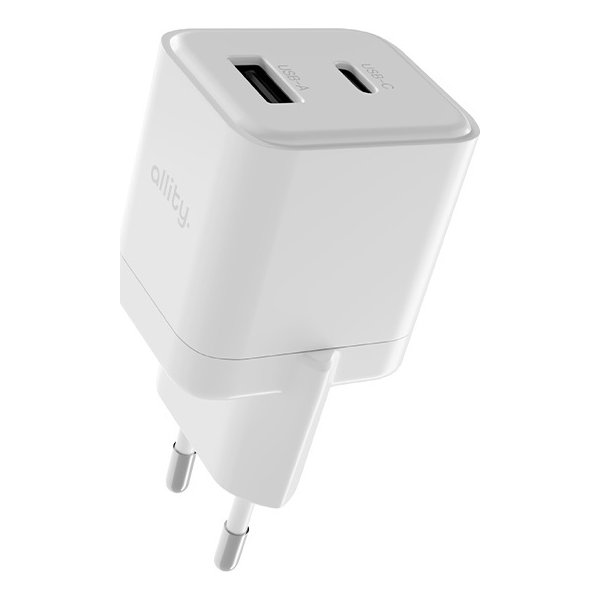 Allity Oplader, 1x USB-C, 1x USB-A, 20W - Hvid