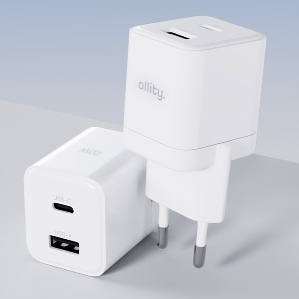Allity Oplader, 1x USB-C, 1x USB-A, 20W - Hvid
