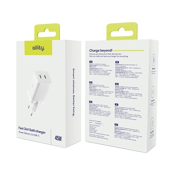 Allity Oplader, 2x USB-C, 45W - Hvid