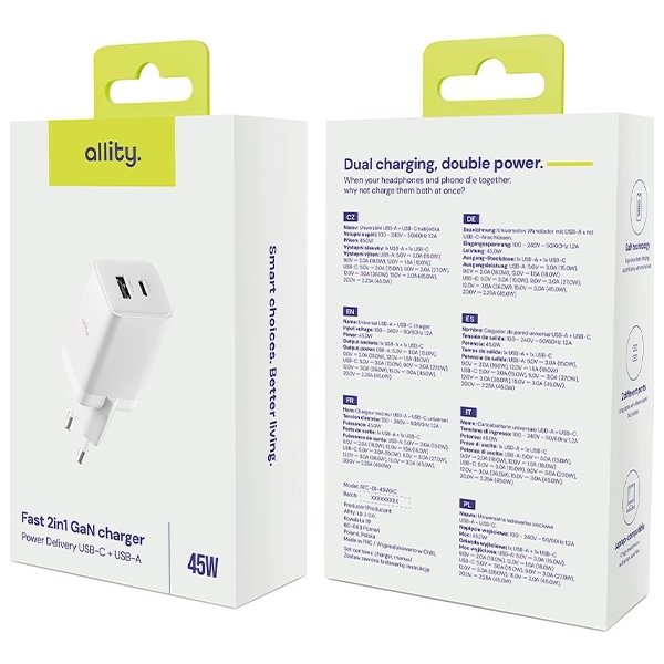 Allity Oplader, 1x USB-C, 1x USB-A, 45W - Hvid