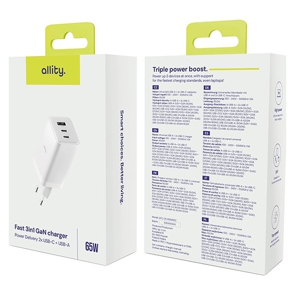 Allity Oplader, 2x USB-C, 1x USB-A, 65W - Hvid