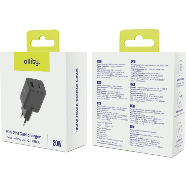 Allity Oplader, 1x USB-C, 1x USB-A, 20W - Sort
