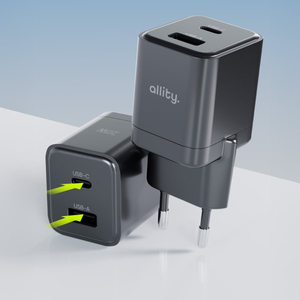 Allity Oplader, 1x USB-C, 1x USB-A, 30W - sort