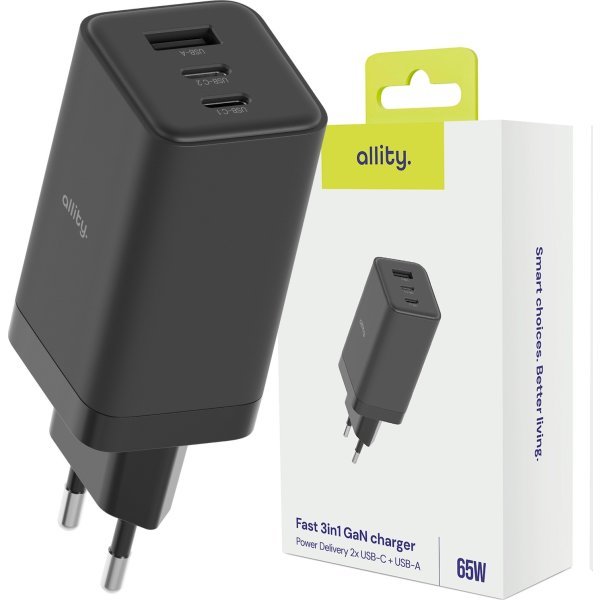 Allity 2x USB-C, 1x USB-A, 65W - Sort