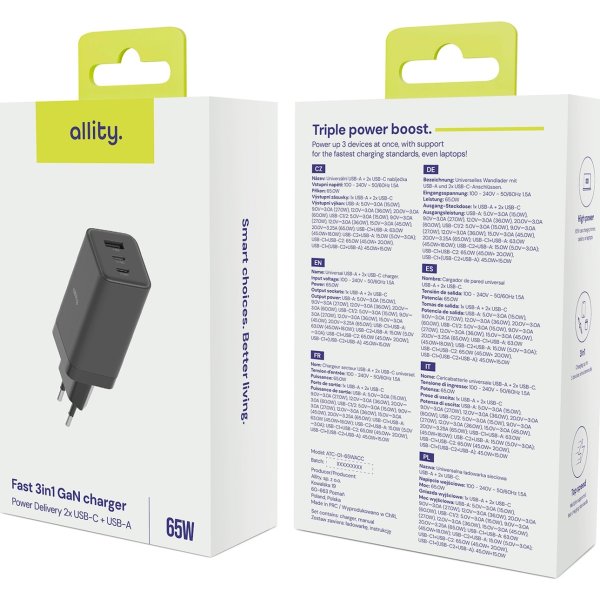 Allity 2x USB-C, 1x USB-A, 65W - Sort