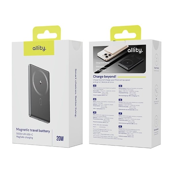 Allity Powerbank, trådløs - 20W, 5000 mAh - Grå
