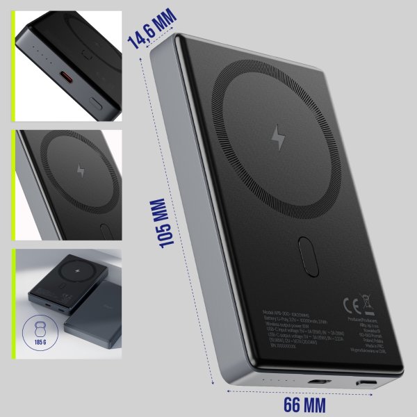 Allity Trådløs powerbank, 20W, 10000 mAh - Grå