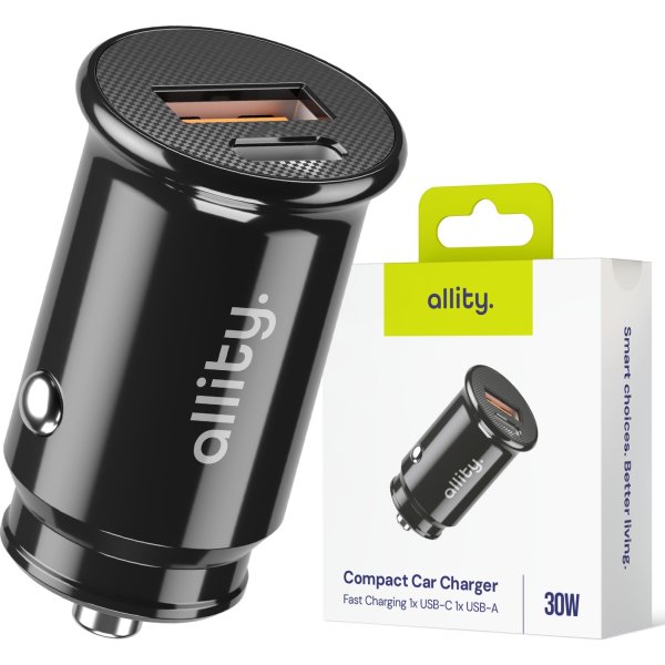 Allity Cigarstik, 1x USB-C, 1x USB-A. 30W - Sort