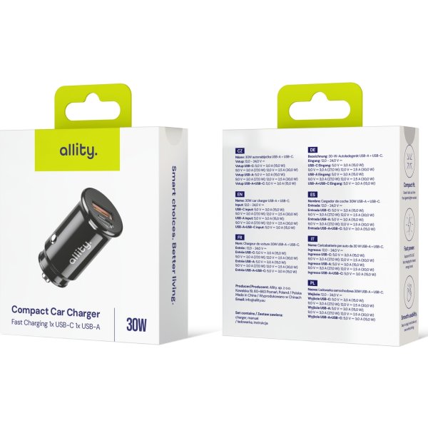 Allity Cigarstik, 1x USB-C, 1x USB-A. 30W - Sort