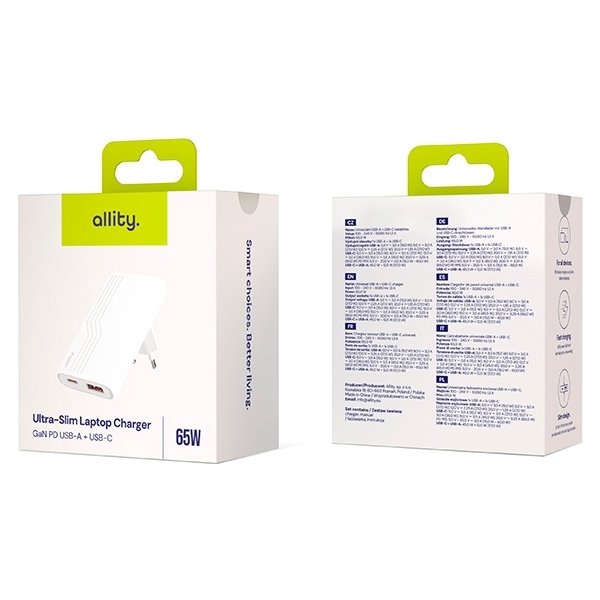 Allity Oplader, 1x USB-C, 1x USB-A, 65W - Hvid