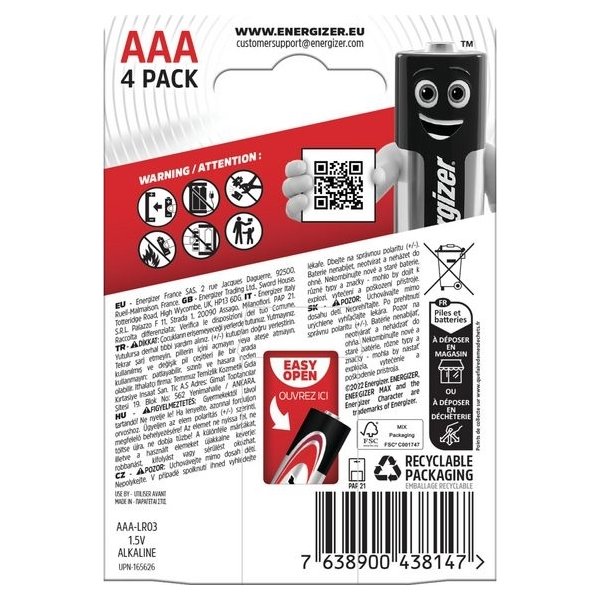 Energizer Max Alkaline AAA batteri, 4 stk.