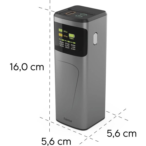 Hama 65W Powerbank, 20000 mah, 2xUSB-C, 1xUSB-A