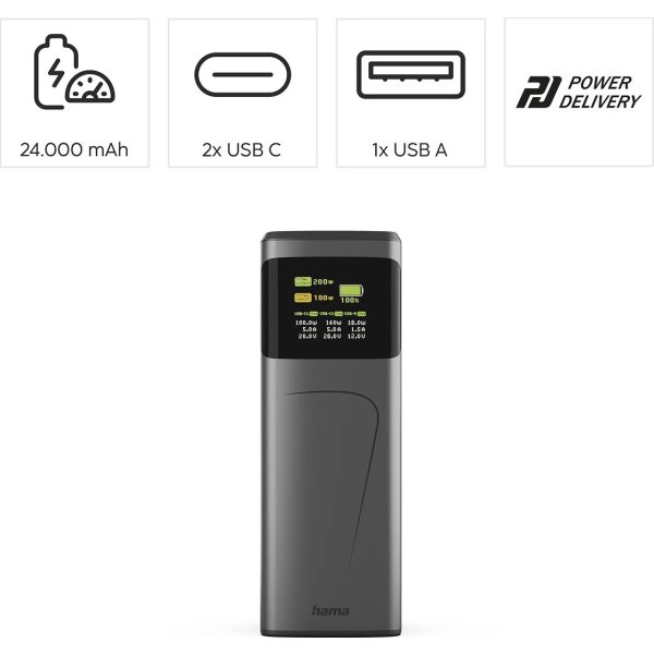 Hama 200W Powerbank, 24000mah, 2xUSB-C, 1xUSB-A