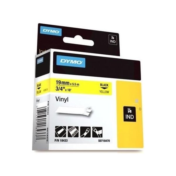 Dymo Rhino Vinyltape 19mm, sort på gul