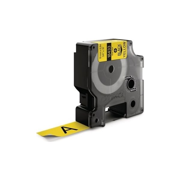 Dymo Rhino Vinyltape 19mm, sort på gul