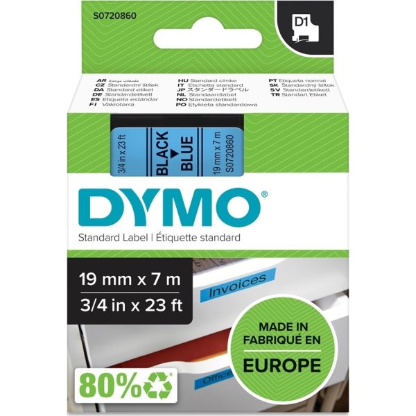 Dymo D1 labeltape 19mm, sort på blå