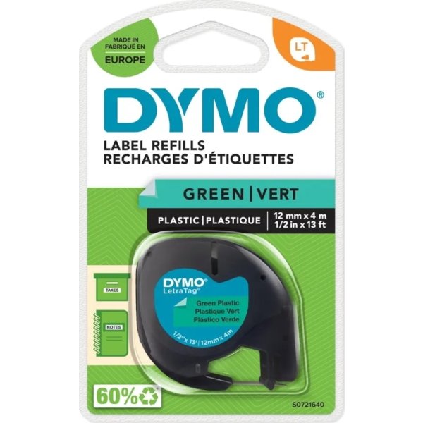 Dymo Letratag labeltape 12mm, sort på grøn
