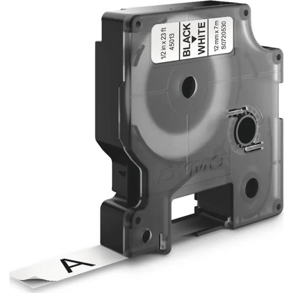 Dymo D1 labeltape 12mm, sort på hvid