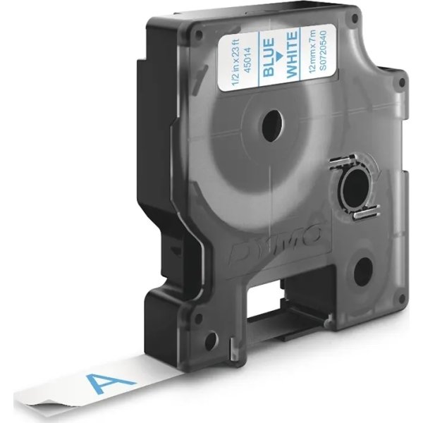 Dymo D1 labeltape 12mm, blå på hvid
