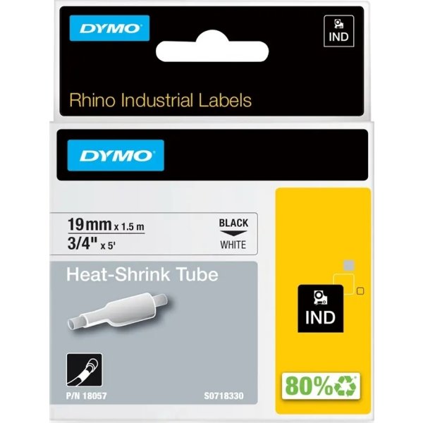 Dymo Rhinopro, 19 mm, krympeflex tape, hvid