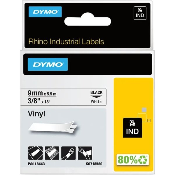 Dymo Rhino Vinyltape 9mm, sort på hvid
