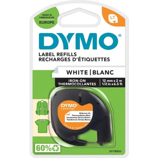 Dymo Letratag labeltape, stryg, 12mm, sort på hvid