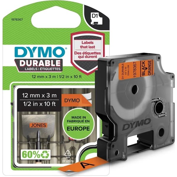 Dymo D1 Durable labeltape 12mm, sort på orange