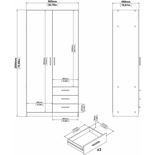 Coreline garderobeskab 2 døre/3 skuffer, gråbeige