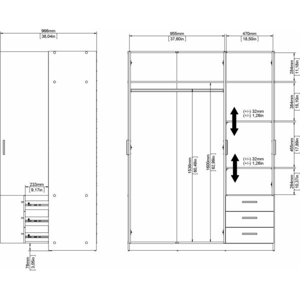 Coreline garderobeskab 3 døre/3 skuffer, gråbeige