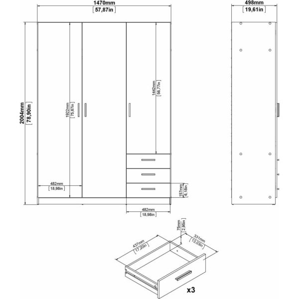 Coreline garderobeskab 3 døre/3 skuffer, gråbeige