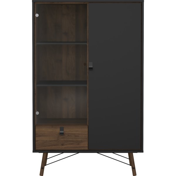 Serveline vitrineskab 2 døre/1 skuffe, sort/valnød