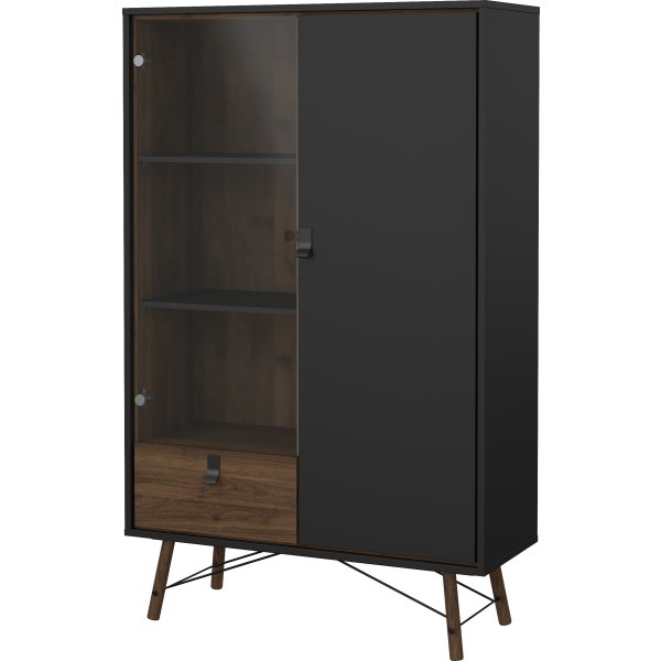 Serveline vitrineskab 2 døre/1 skuffe, sort/valnød