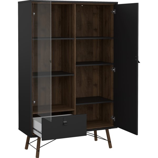 Serveline vitrineskab 2 døre/1 skuffe, sort/valnød