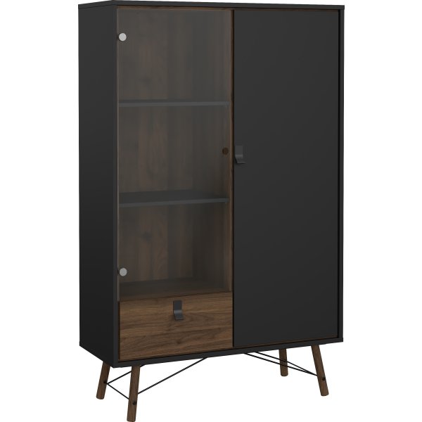 Serveline vitrineskab 2 døre/1 skuffe, sort/valnød