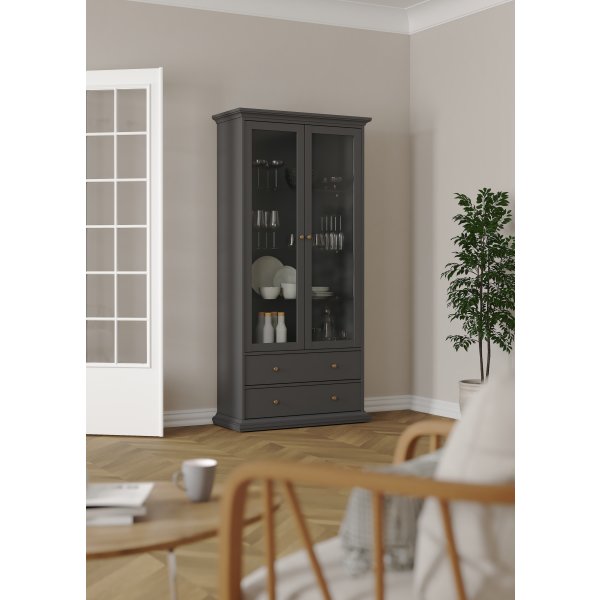 Serveline vitrineskab 2 døre/2 skuffer, mat grå