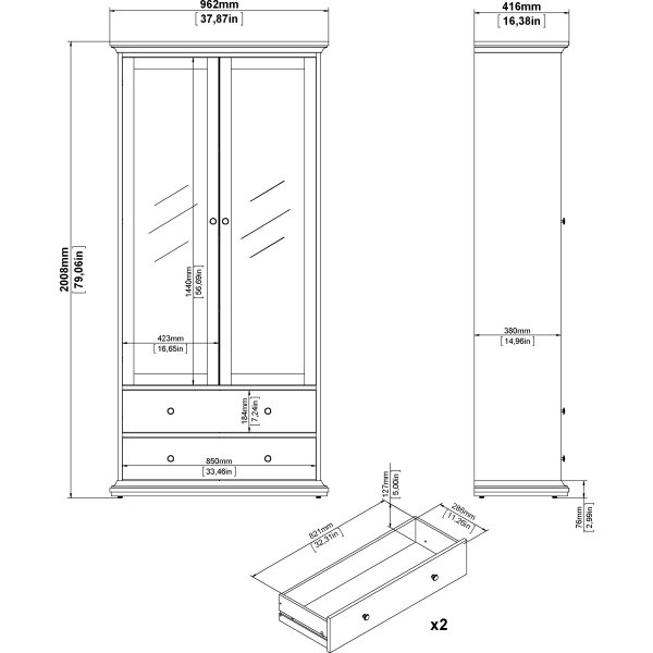 Serveline vitrineskab 2 døre/2 skuffer, mat grå