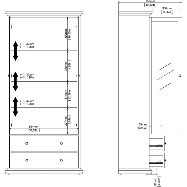 Serveline vitrineskab 2 døre/2 skuffer, mat grå