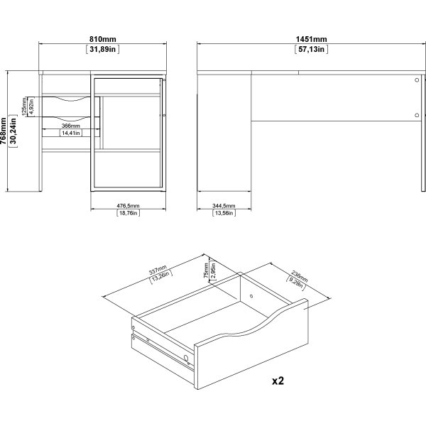 Small Officeline hjørneskrivebord 2 skuf, eg/hvid