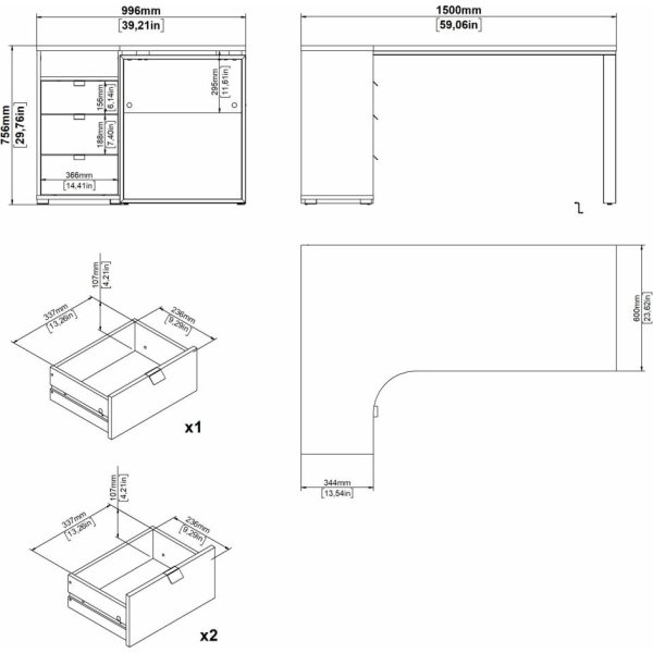 Small Officeline hjørneskrivebord 3 skuf, eg/hvid