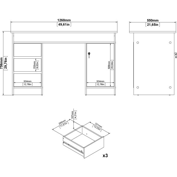 Small Officeline skrivebord 1 skab/3 skuf, eg/sort