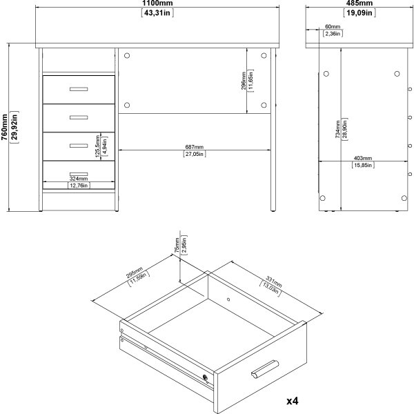 Small Officeline skrivebord 4 skuffer, hvid