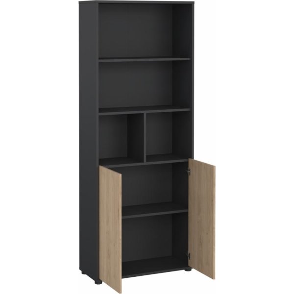 Small Officeline høj bogreol m/2 låger, grå/eg