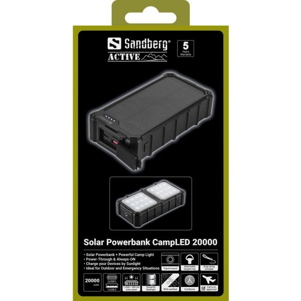 Sandberg Powerbank m. solcelle - CampLED 20000 mAh