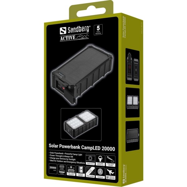 Sandberg Powerbank m. solcelle - CampLED 20000 mAh