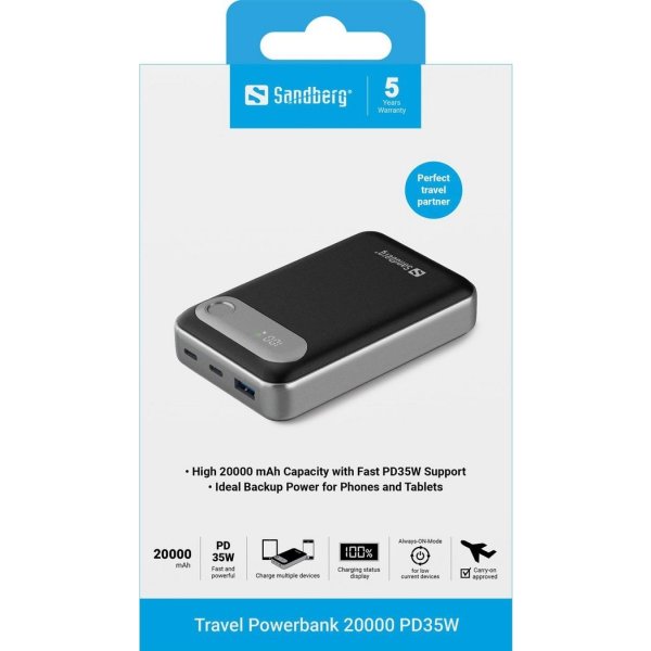 Sandberg Powerbank, Rejse - 20000 mAh - PD35W