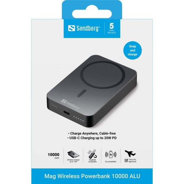 Sandberg Powerbank, Magnet, Trådløs - 10000 mAh