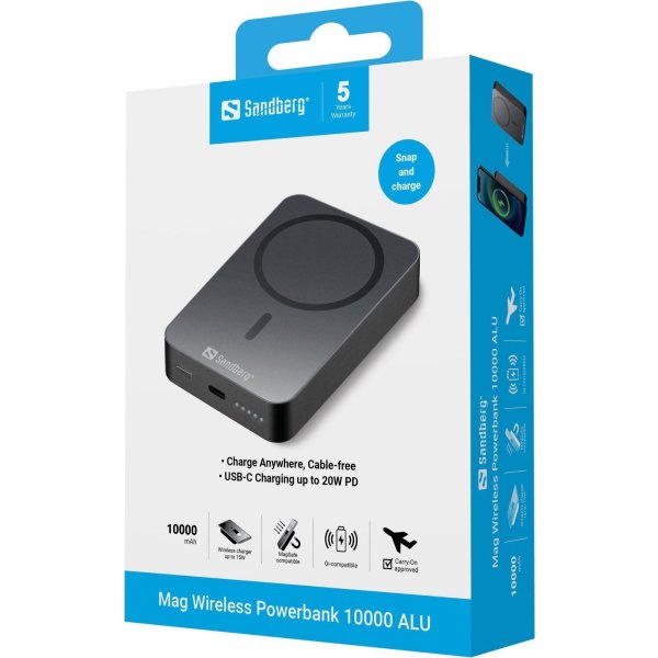 Sandberg Powerbank, Magnet, Trådløs - 10000 mAh