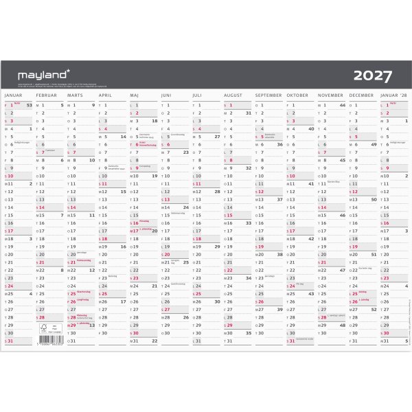 Mayland 2027 Kontorkalender, Moderne, A3, 1x13mdr.