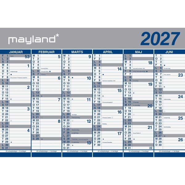 Mayland 2027 Kæmpekalender, papir, 2x6 mdr. paprør