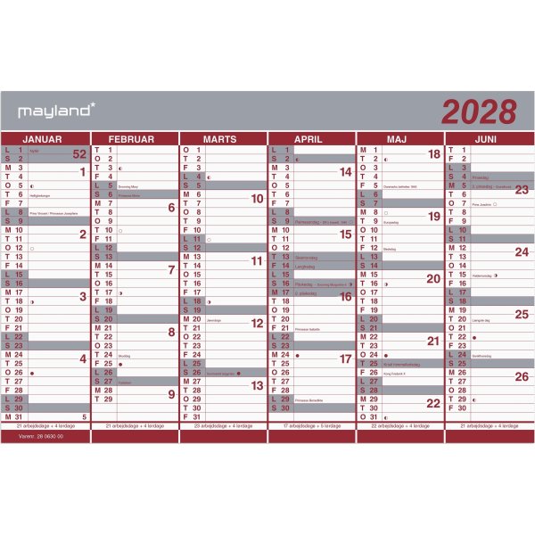 Mayland 2028 Dobbelt halvårskalender